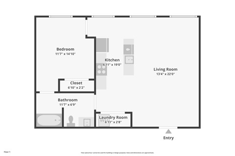 Floor plan for 1 bed, 1 bath, 870 sqft
